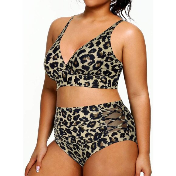 Yonique Women's 16 PLUS Leopard Bikini High Waisted Swimsuits Two Piece NEW! - Picture 2 of 4
